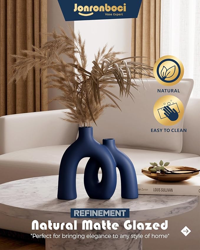 Matte Blue Vase Set - Hug Hollow Donut Aesthetic Ceramic Vases Home Decor, Navy Blue Decor Modern Coastal Decorative Vase for Table Centerpiece Bookshelf Office Entryway Console Fireplace (Navy Blue)-Ruum Studio Home