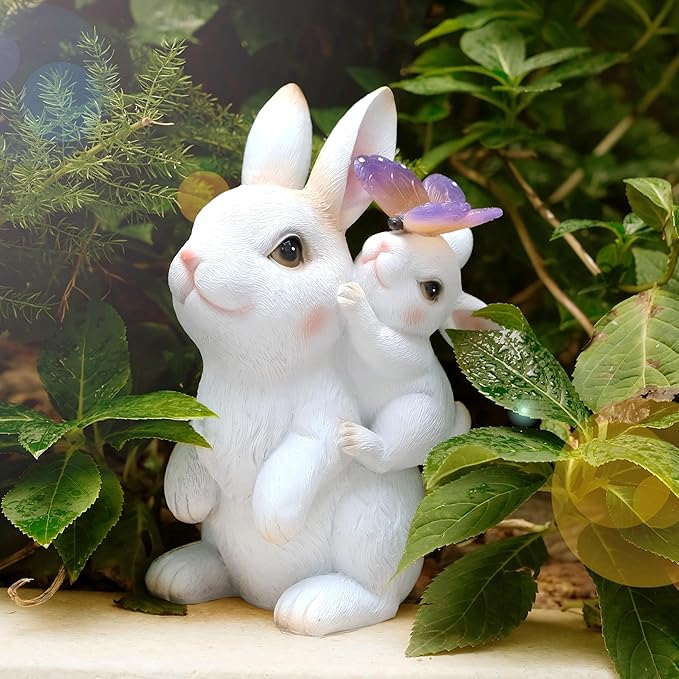 Solar Garden Statues Rabbit with Solar Lights,Mother&Baby Bunny Figurine with Butterfly Changing Lights for Yard Art Garden&Patio Decor,Unique Easter&Birthday Gifts for Women Mom Grandma-Ruum Studio Home