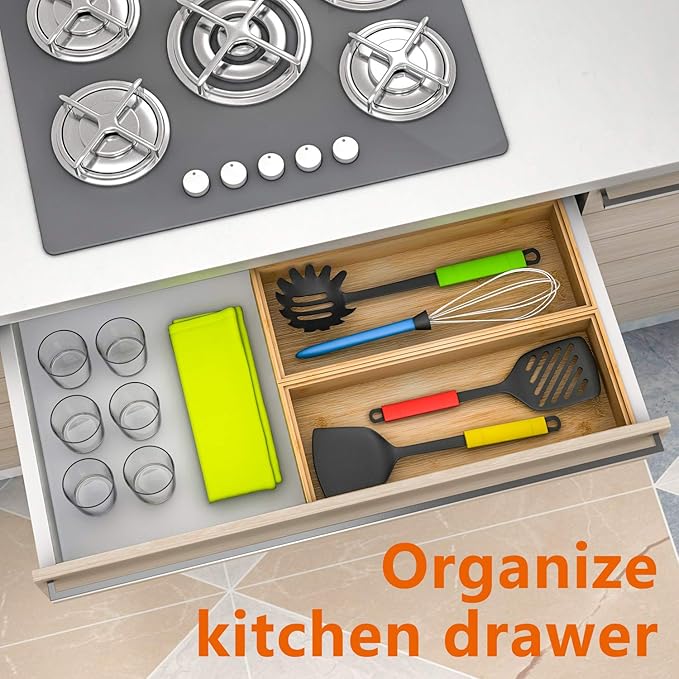 Drawer Organizer Storage Box Kitchen - Wood Stackable Tray Utensil Organizer for Office Drawers,Cabinets,Shelves,Pantry,or Bathroom Counter,Drawer Dividers for Silverware Set of 2（15x6x2.5inch）-Ruum Studio Home