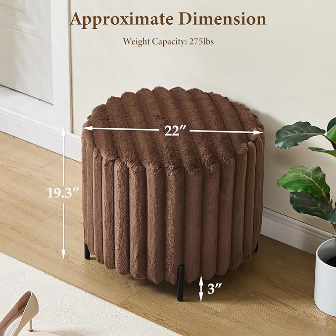 Furniliving Modern Round Ottoman, Large Size Bedroom Ottoman Footstool Round Ottomans Stool for Living Room, Bedroom, Makeup Room, Brown, Faux Fur-Ruum Studio Home