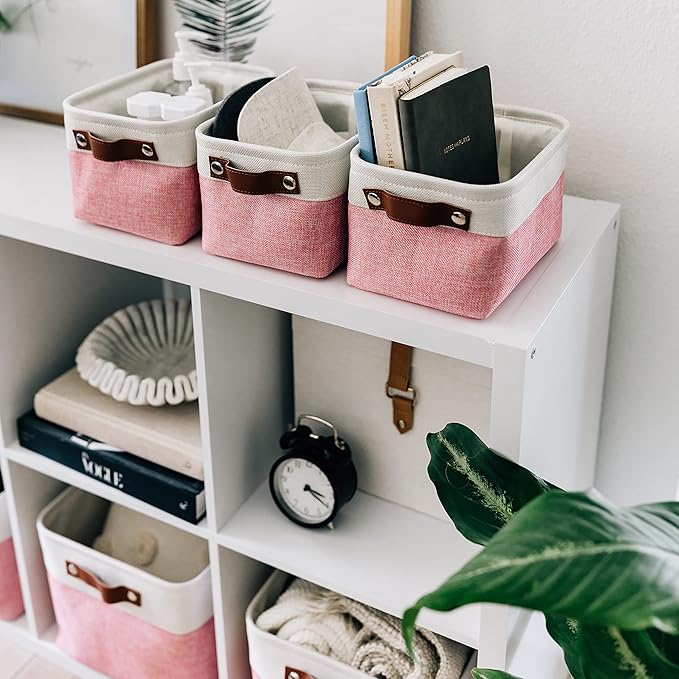 OrganiHaus Small Fabric Storage Baskets for Shelves 6 Pack, 12x8in Closet Storage Bins for Shelves, Cloth Baskets for Organizing, Linen Closet Organizers, Fabric Basket, Pink/White-Ruum Studio Home