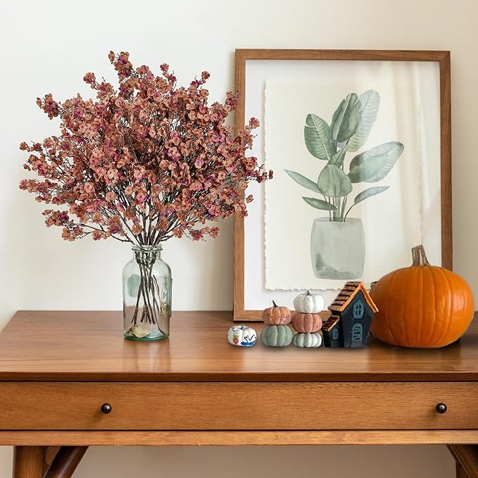 Sggvecsy 15 Pcs Babys Breath Artificial Flowers Gypsophila Bouquets Bulk Real Touch Fake Silk Flowers for Home DIY Floral Arrangement Table Centerpiece Fall Autumn Decoration (Orange Brown)-Ruum Studio Home