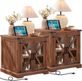 24" End Table Set of 2 with Charging Station, Farmhouse Night Stand with Glass Barn Door, Nightstands with Adjustable Storage Shelf, Large Wood Square Bed Side Table for Living Room,Bedroom-Ruum Studio Home