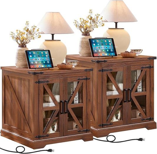 24" End Table Set of 2 with Charging Station, Farmhouse Night Stand with Glass Barn Door, Nightstands with Adjustable Storage Shelf, Large Wood Square Bed Side Table for Living Room,Bedroom-Ruum Studio Home
