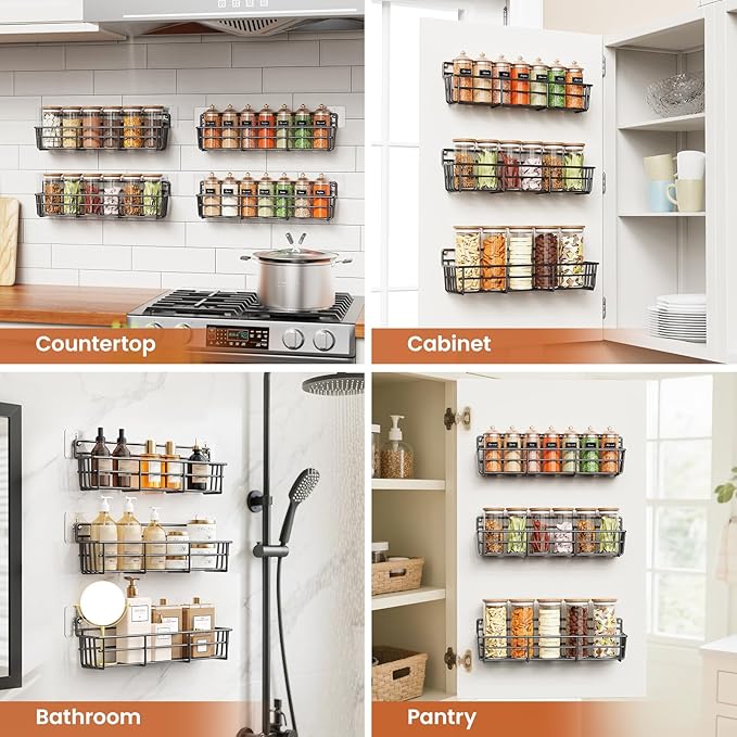 5 Pack Spice Rack Seasoning Organizer Wall Mount, Screw or Adhesive Hanging Shelf Basket Spice Organizer Shelf for Kitchen, Black-Ruum Studio Home