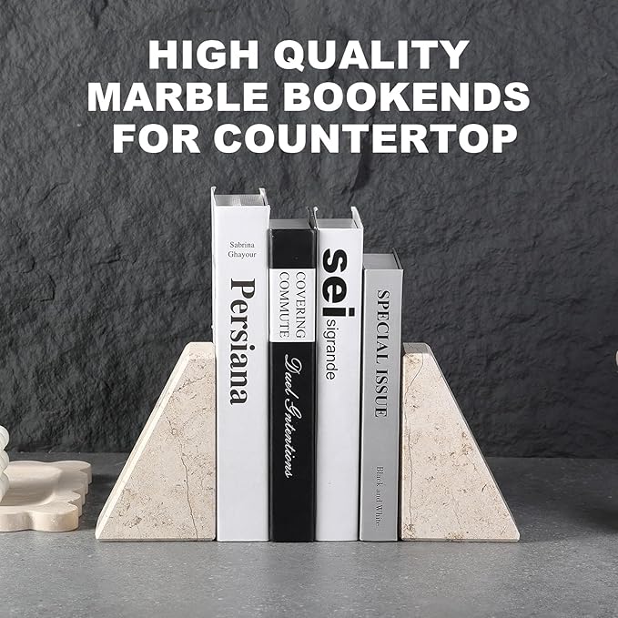 Marble Bookends for Heavy Books, Decorative Book Ends for Shelves, Beige Stone Durable and Heavy-Duty Book Ends for Hardback Books & CDS, Unique Book Stopper & Holder, Set of 2-Ruum Studio Home