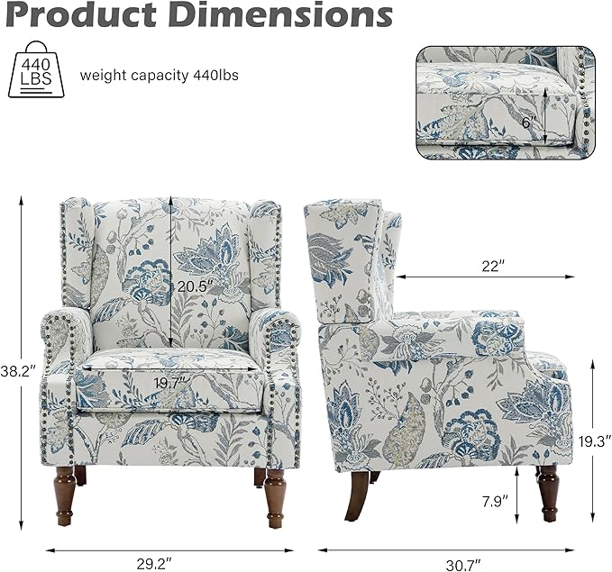 UIXE High Back Floral Accent Chairs Set of 2, Upholstered Armchair in Fabric, Retro Printed Wingback Arm Chair for Living Room, Nailhead Trim Single Sofa Bedroom Reading Seat - Plants Blue-Ruum Studio Home