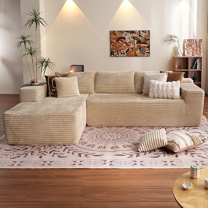 ovios 104" Cloud Sectional Couch with L-Shape Chaise,Modern Modular Sofa with Deep Seat, Upholstered Couches for Living Room Bedroom,No Assembly Required, Beige (Plush Corduroy Fabric)-Ruum Studio Home