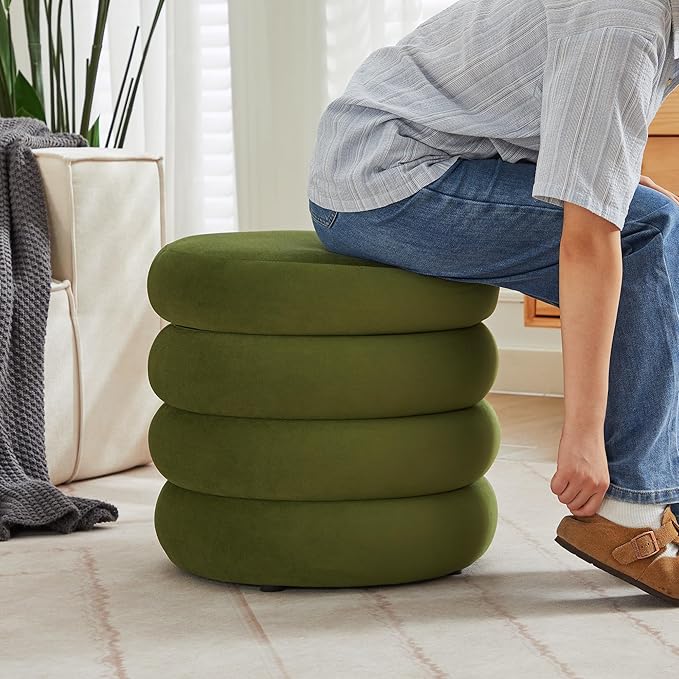 ONEVOG Round Storage Ottoman, 20" Small Ottomans Table with Removable Lid, Velvet Fabric Soft Footrest Stool for Couch, Upholstered Stuffed Circle Seat for Livingroom/Bedroom/Dorm/Vanity, Olive Green-Ruum Studio Home