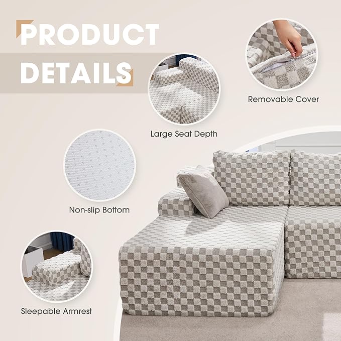 Hobestluk 96“ Modular Sectional Sofa Couches L-Shape Couch 3 Seat Modular Sofa Sectional Couches for Living Room, Cloud Couch with Oversized Chaise (Greygreen, Checked (Left Facing Chaise))-Ruum Studio Home