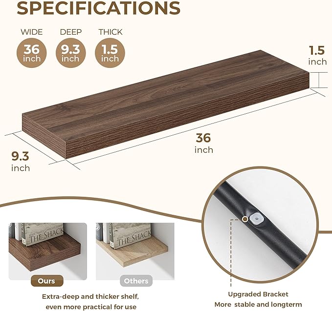 Dreamland 36 Inches Floating Shelves for Wall, 9.3" Deep Long Floating Shelves Set of 2, Large Display & Storage Shelf, Wall Shelf for Bathroom Bedroom Living Room Kitchen Office, Walnut-Ruum Studio Home