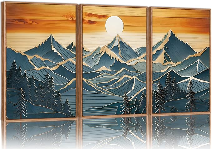 Tinonedraw Vintage Mountain Framed Canvas Wall Art Set of 3, Boho Nature Wilderness Art Prints, Mid Century Modern Ridge Scenery Wall Decor, Sunrise Forest Woodcut Style Art Paintings for Living Room Bedroom, Office 16"x24"-Ruum Studio Home