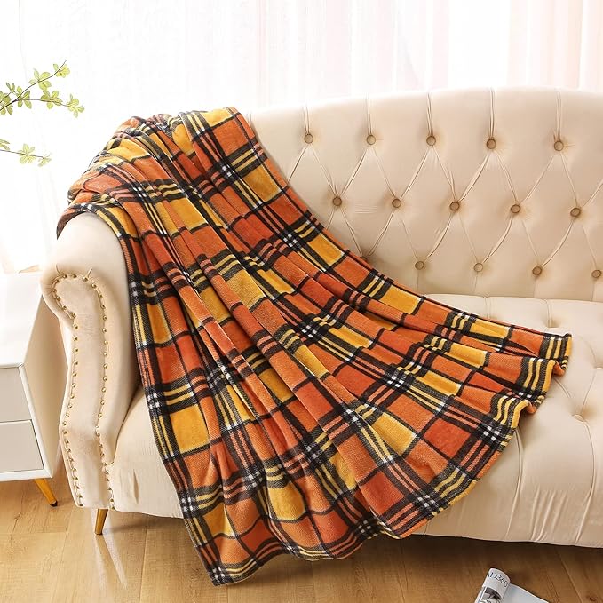 MERRYLIFE Throw Blanket for Couch Orange Plaid Chair Throw Blanket| Soft Decorative Ultra-Plush Colorful| Throw Size Travel Blanket Plush|(50" 60", Harvest Plaid)-Ruum Studio Home