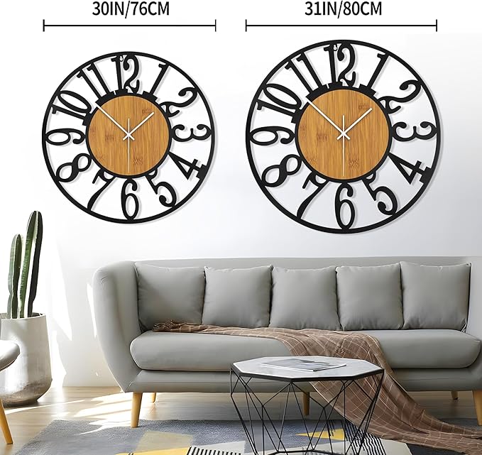 LEIKE 32" Oversized Large Wall Clocks,Silent,Non Ticking,Battery Operated Modern Round Big Wood Decorative Metal Wall Clock for Living Room, Bedroom,Kitchen,Farmhouse,Office Decor - Black,32 Inch