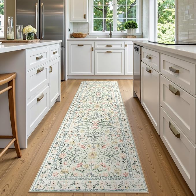 Wonnitar Washable Rug Runner 2'6''x8', Boho Floral Hallway Runner Rug 8ft Long Carpet for Bedroom, Soft Non Slip Ultra-Thin Beige Carpets for Bathroom Kitchen Bedside-Ruum Studio Home