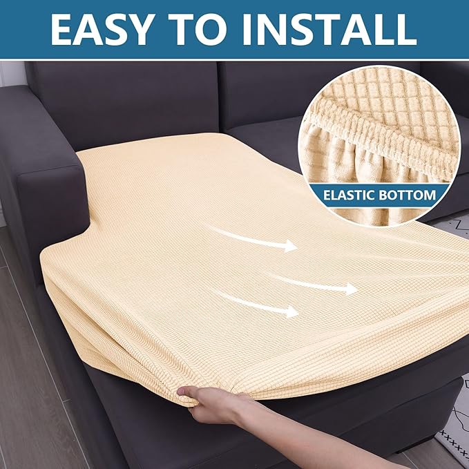 hyha Waterproof Sectional Couch Covers, Non Slip Sofa Couch Cushion Covers L Shape, Thick Stretch Jacquard Fabric, Washable Sofa Slipcovers with Elastic Bottom (1 Piece for Chaise XL, Beige)-Ruum Studio Home
