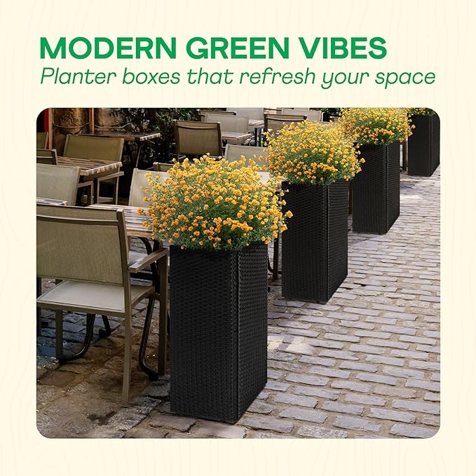 IDZO All-Weather Wicker Planters, Set of 2, 24 in Tall Wicker Planters, Self-Watering with Drainage, Durable PP Material, Raised Garden Bed Alternative, Indoor Outdoor Use, Modern Rattan Design-Ruum Studio Home