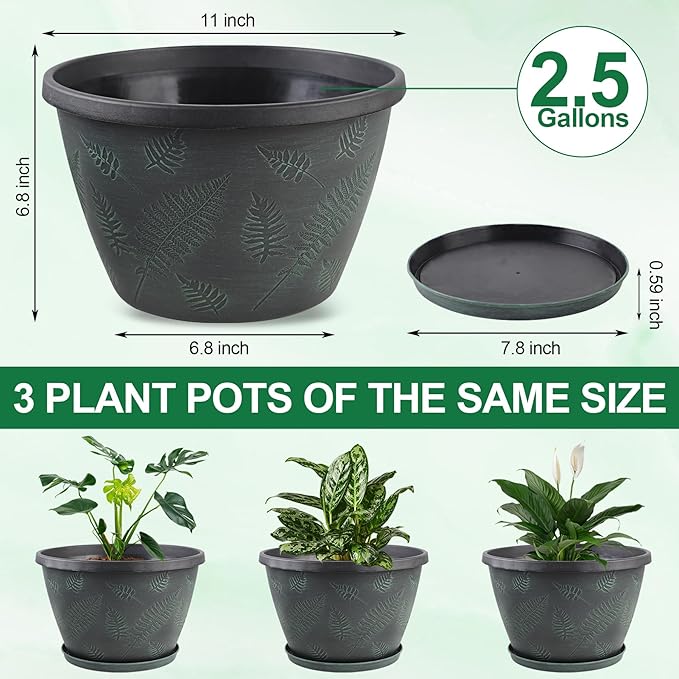 11 inch Plant Pot Set of 3, Plastic Flower Pots with Drainage Hole & Tray, Decorative Round Planters for Indoor Plants, Modern Outdoor Home Flowers Plants Garden Pots (Green)-Ruum Studio Home