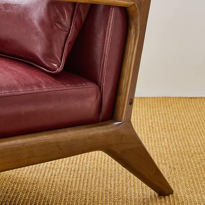 Glitzhome 30.75" H Mid Century Red Accent Armchair, Single Reading Armchair PU Leather Lounge Chair with Walnut Ruberwood Frame-Ruum Studio Home