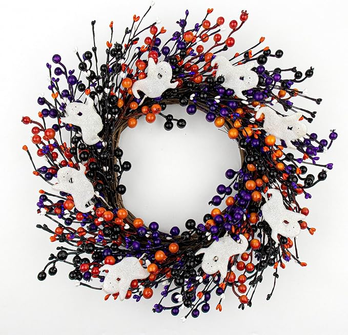 20-Inch Halloween Wreath - Handmade Orange & Black Berry Wreath with Adorable Mini Ghosts, Spooky Front Door Decor for Halloween Party-Ruum Studio Home