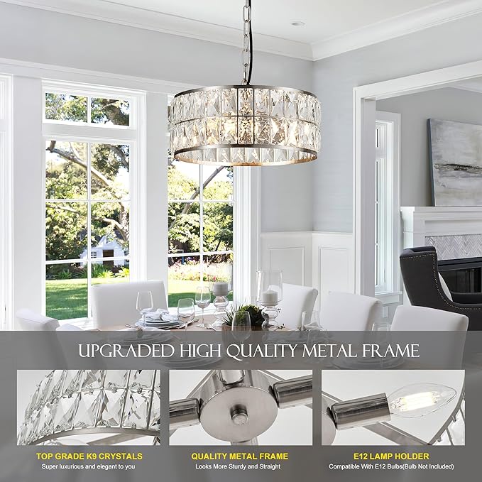 12” 3-Light Modern Crystal Chandeliers Nickel Dinning Room Light Fixture, Round Pendant Light Kitchen Island Chandelier, Flush Mount Ceiling Light for Living Room Entryway Bedroom Foyer-Ruum Studio Home