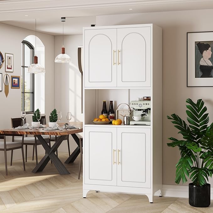 75" Tall Kitchen Pantry Storage Cabinet, Metal Storage Cabinets with 4 Doors and Adjustable Shelves，White Kitchen Hutch Cabinet with Microwave Stand, Large Cupboard for Dining Living Room-Ruum Studio Home