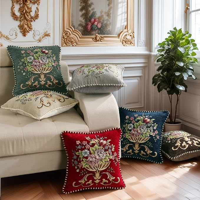 Set of 2 Brown Vintage Embroidered Throw Pillow Covers 18x18in，Floral Embroidered Cushion Cover for Sofa Couch Bed Burgandies Pillow Cover Brown-Ruum Studio Home