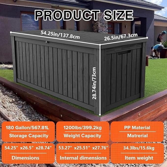 180 Gallon Resin Deck Box, Waterproof Outdoor Storage Bin for Patio Furniture, Pool Accessories, and Garden Tools, Lockable & UV-Resistant, Black-Ruum Studio Home