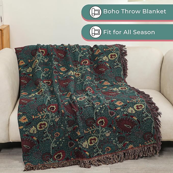 Boho Fall Throw Blanket for Bed，100% Ultra Cotton Soft Breathable Bed Throw Floral Printed Farmhouse Decor Rustic Bed Throws for Couch Sofa Quilt 80" x 90"-Ruum Studio Home