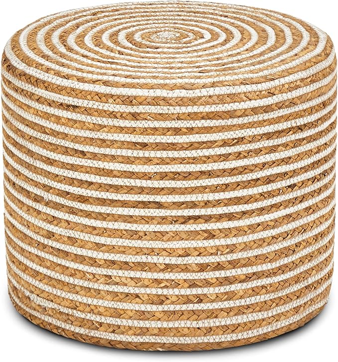 Wimarsbon 18'' Ottoman Pouf, Natural Braided Poof, Rustic Handweave Lounge Pouffe, Boho Footrest Stool for Bedroom, Accent Table or Seat for Living Room (Natural Water Hyacinth + White Cotton Rope)-Ruum Studio Home