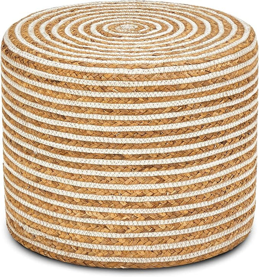 Wimarsbon 18'' Ottoman Pouf, Natural Braided Poof, Rustic Handweave Lounge Pouffe, Boho Footrest Stool for Bedroom, Accent Table or Seat for Living Room (Natural Water Hyacinth + White Cotton Rope)-Ruum Studio Home