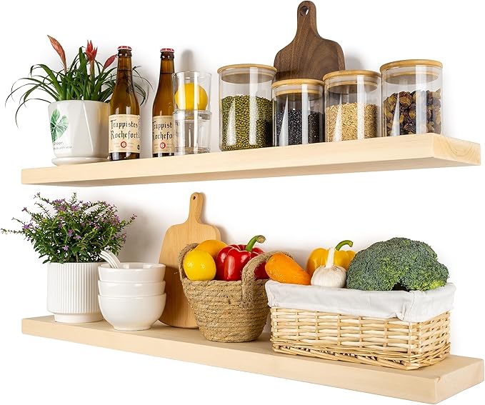 BGMG Wood Floating Shelves 36 inch, Wide Rustic Wooden Wall Shelves for Bathroom Living Room Bedroom Kitchen Farmhouse Set of 2-36x 6.7 x1.25 inch- DIY-Unfinished-Ruum Studio Home