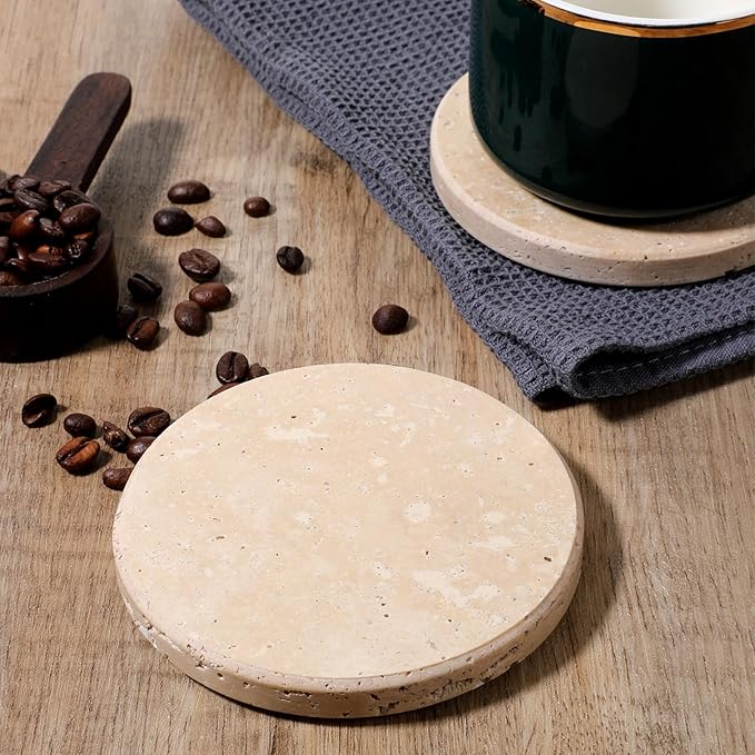 Beige Natural Travertine Marble Coasters Set of 4, Round 4 Inch Diameter Drink Marble Coasters for Housewarming Gifts, Anniversaries, Office Decorations Protect Tables from Stains & Scratches-Ruum Studio Home
