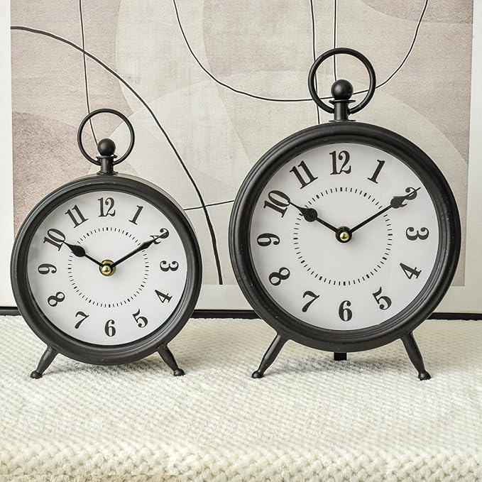 Vintage Non-Ticking Black Table Clock with Stand, Decorative Clock for Desk and Shelf, Rustic Farmhouse Style Mantel Timepiece-Ruum Studio Home
