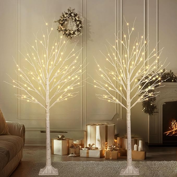 2 Pack 5FT 200LED Christmas Lighted Birch Tree, Timer Function Prelit Artificial Tree Lamp Plug in with Warm White Lights, 2 Modes Twinkling Twig Trees for Indoor Outdoor Party Christmas Decorations-Ruum Studio Home