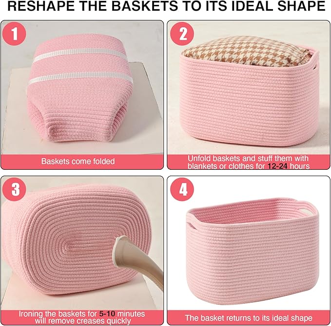 Storage Baskets for Organizing Shelves, Pink Basket for Nursery, Woven Cotton Rope Baskets for Storage, Towel Basket for Bathroom, 15"x11"x9.5", 3 Packs, Light Pink-Ruum Studio Home