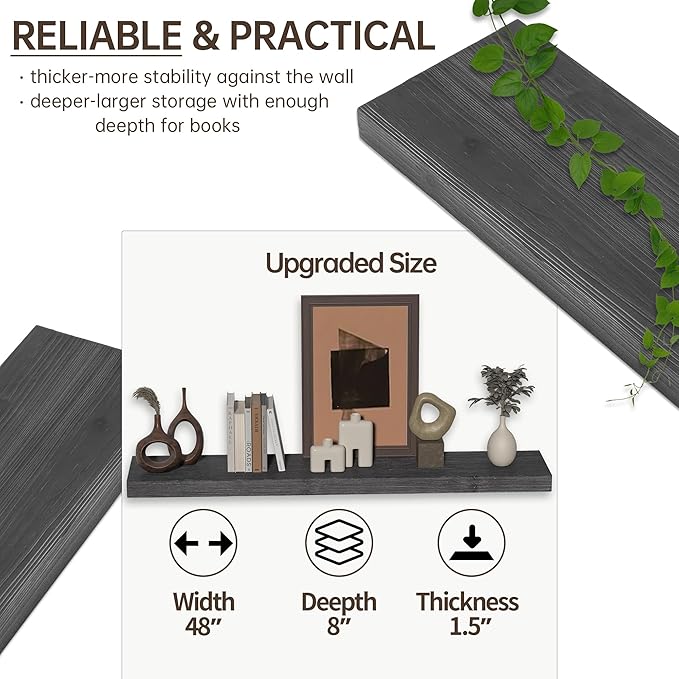 Floating Shelves for Wall, USA-Sourced Fir Wood 48 Inch Wall Shelves Set of 1, Natural Rustic Solid Wooden Floating Shelves Wall Mounted, Nursery Book Storage Shelf, Display Shelf for Bathroom-Ruum Studio Home