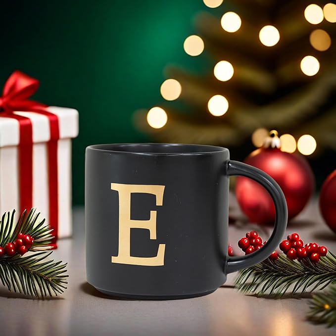 COLLECTIVE HOME - Monogram Ceramic Mugs, 15 oz Golden Initial Black Coffee Cups, Elegant Alphabet Tea Mugs, Elegant Personalized Mug with Gift Box, Unique Mug with Double Side Capital Lette (E)-Ruum Studio Home
