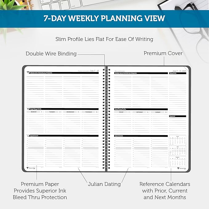 Planner Pad Spiral Bound 3-Tier Funnel Down 12 Month Organizer, July 2025 – June 2026 / Academic Year, Black Cover/Black Ink, 8 1/2" x 11"-Ruum Studio Home