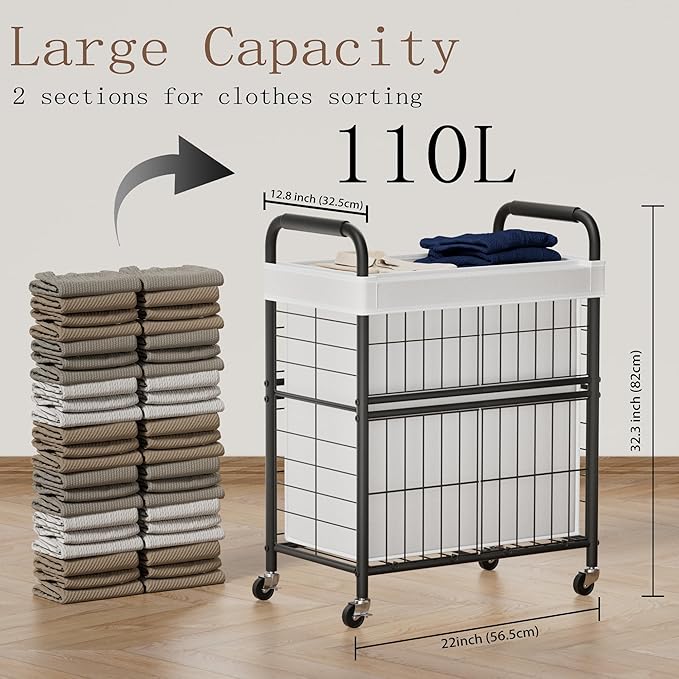 Laundry Hamper 2 Section, 110L Rolling Laundry Sorter Basket with Wheels, 2 Compartment Clothes Organizer Cart, Pull-Out Removable Bags for Laundry Room, Bathroom, Bedroom, White-Ruum Studio Home
