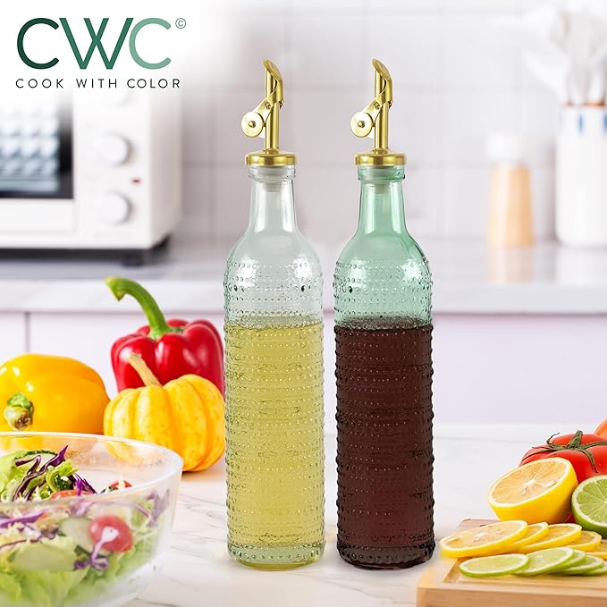COOK WITH COLOR Glass Olive Oil Bottle Dispenser - 2 Pack- 17oz Oil and Vinegar Cruet - Olive Oil Carafe Decanter for Kitchen-Ruum Studio Home