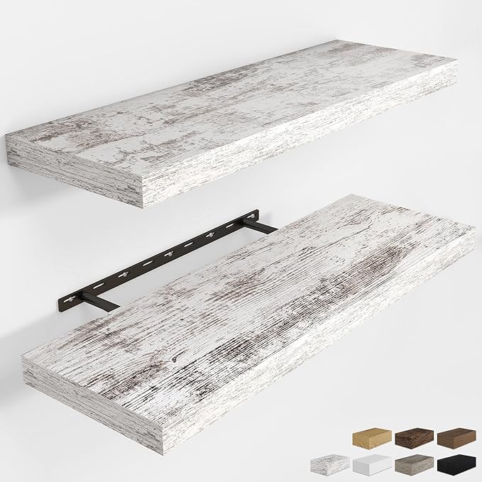 RICHFOCUS 36Inch Floating Shelves for Wall 2 Pack Shelves for Bedroom|Kitchen|Bathroom Wall Mounted Rustic Distressed Wood Floating Shelf with Invisible Brackets for Books|Storage|Decor, Rustic-Ruum Studio Home