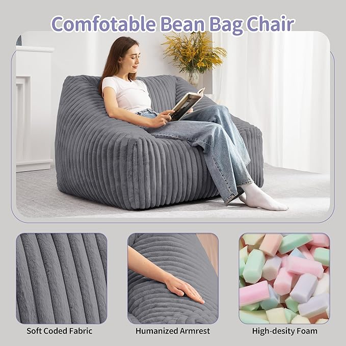 HABUTWAY Bean Bag Chair, Giant Bean Bag Chairs for Adults and Kids, Bean Bag Sofa, Lazy Floor Sofa, Faux Fur Beanbag Chair with Armrests for Living Room Bedroom (Grey)-Ruum Studio Home