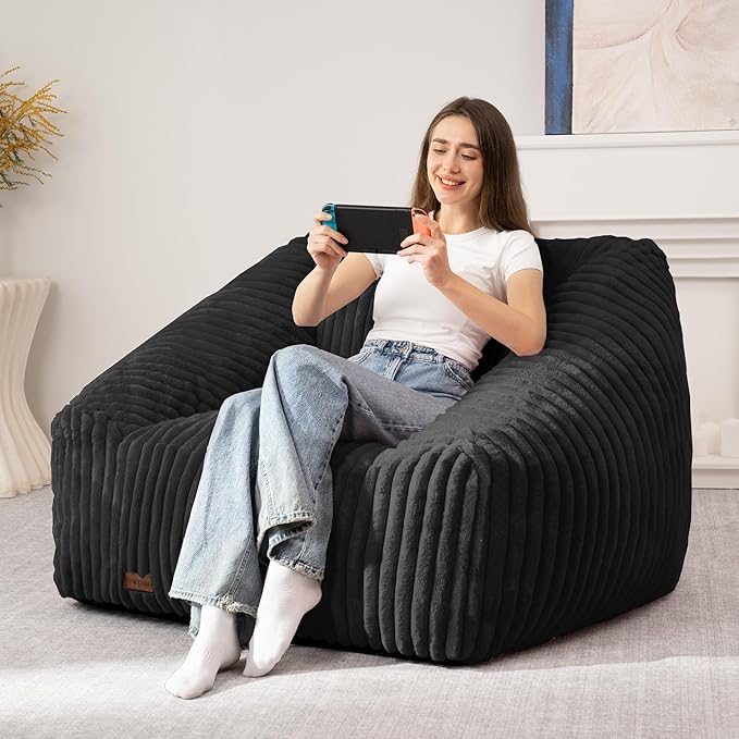 HABUTWAY Bean Bag Chair, Giant Bean Bag Chairs for Adults and Kids, Bean Bag Sofa, Lazy Floor Sofa, Faux Fur Beanbag Chair with Armrests for Living Room Bedroom (Black)-Ruum Studio Home