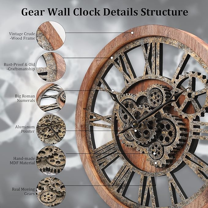 HOIBAI Large Wall Clock 24 Inch Large Clocks for Living Room Decor with Moving Gears Vintage Industrial Steampunk Farmhouse Big Clock for Home Kitchen Bedroom Office-Ruum Studio Home
