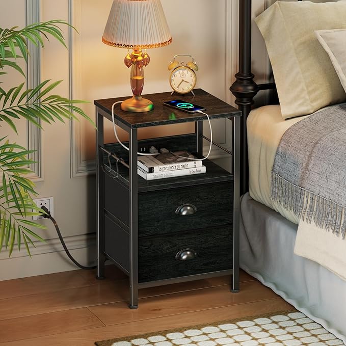Furologee Nightstand with Charging Station, Black Night Stand with 2 Fabric Drawers, Side Table with USB Ports, End Table with Storage Shelf, for Living Room/Bedroom, Black Oak-Ruum Studio Home