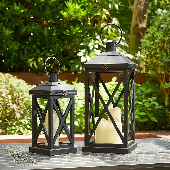 Glitzhome Modern Farmhouse Wooden Lantern Hanging Decorative Candle Lantern for Outdoor & Indoor Black Set of 2 (No Glass)-Ruum Studio Home