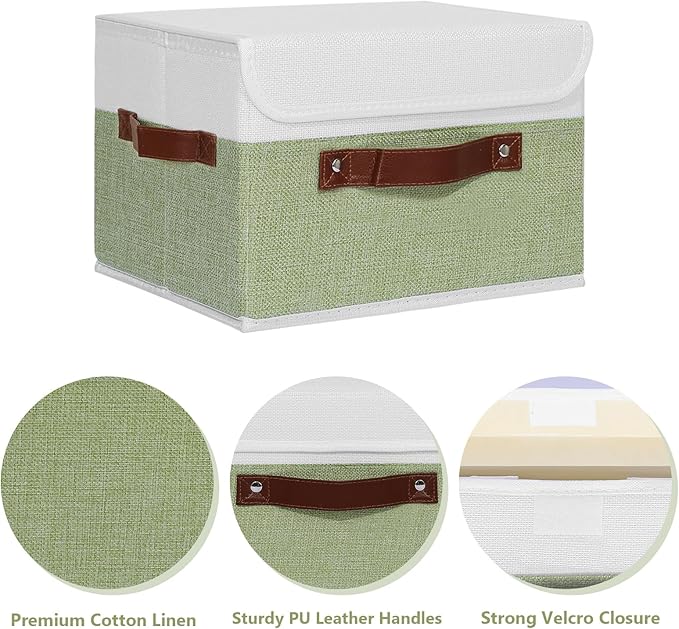 ANMINY 2PCS Storage Boxes with Lid Washable Decorative Storage Bins Basket with PU Leather Handle Foldable Linen Fabric Storage Cubes Containers for Home Closet Organizer - Green White, Large Size-Ruum Studio Home