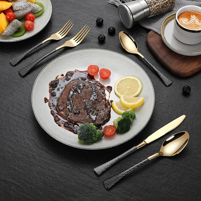 Hammered Black Gold Silverware Set,20 Piece Modern Flatware Set Service for 4,Mirror Polished Stainless Steel Cutlery Set Utensil Set Tableware Set,Kitchen Knives Fork Spoon Set,Dishwasher Safe-Ruum Studio Home
