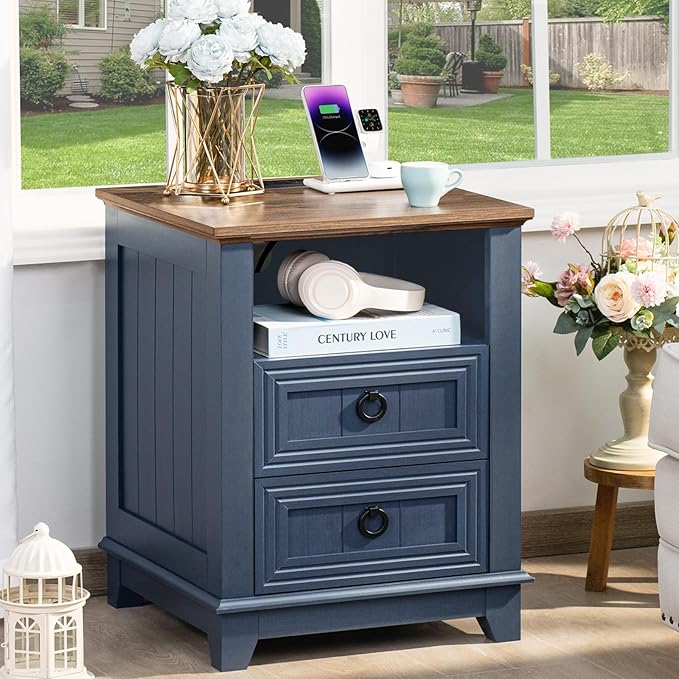 18" Farmhouse Night Stand with Charging Station, 2 Drawers End Table Dresser for Bedroom, Blue Wooden Nightstand, Bed Side Table with Open Shelf, Bedside Cabinet for Living Room, Closet-Ruum Studio Home